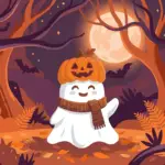 Geïllustreerde afbeelding van een cosy spookje in een duister bos - Nederlandse Halloween blog