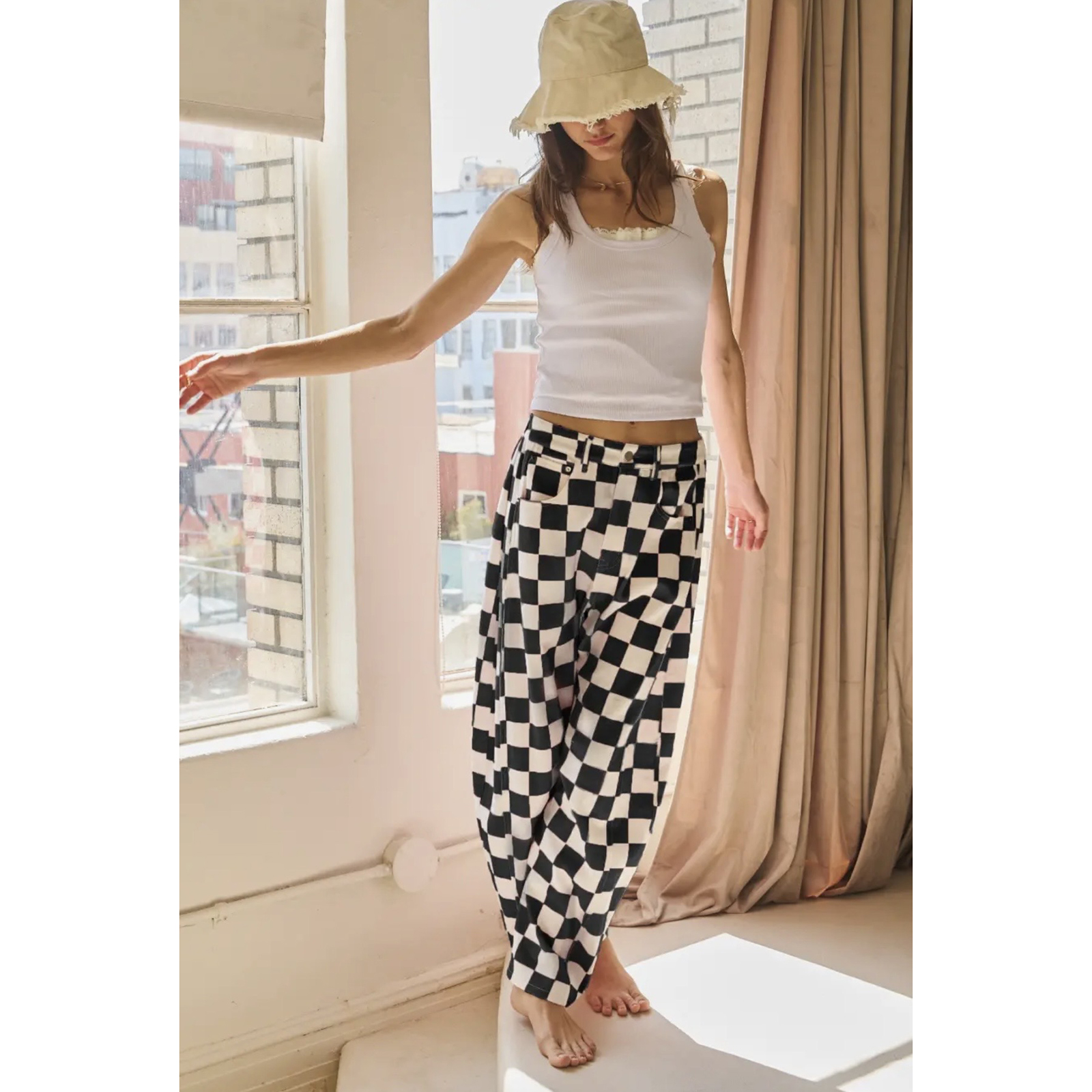 Checkered Denim Ballon Broek