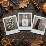checkered broeken en tote bag op een houten tafel als polaroids