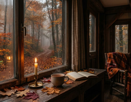 Foto van een cozy herfstinterieur met bospad buiten - welk herfsttype ben jij?