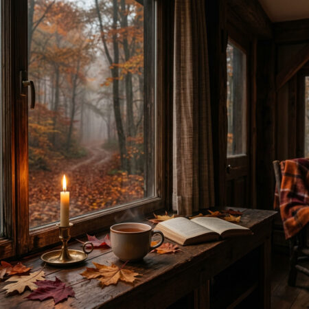 Foto van een cozy herfstinterieur met bospad buiten - welk herfsttype ben jij?