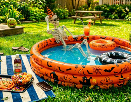 Summerween quiz, opblaasbadje met skelet, watermeloen, zomerse dag