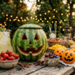 Summerween gedekte tafel met een uitgeholde watermeloen