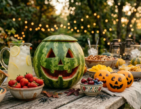 Summerween gedekte tafel met een uitgeholde watermeloen