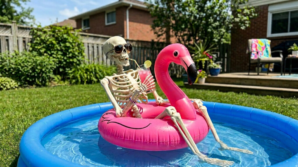 Summerween tafereel: skelet met zonnebril op in een floatie in een opblaasbadje
